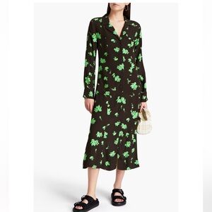 Ganni Dark Brown Green Floral Button Midi Crepe Shirt Dress EU 34 US 2